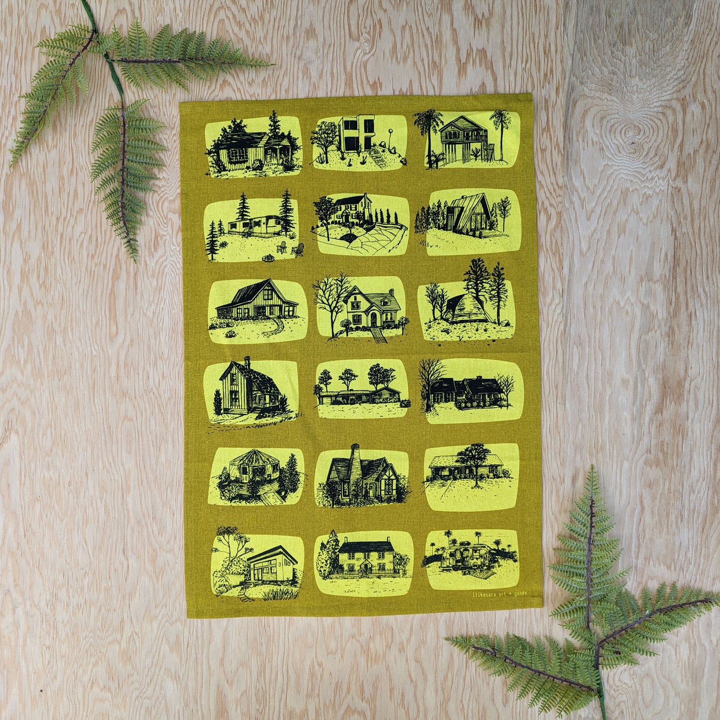 tea towel | houses - yellow architecture dish cloth