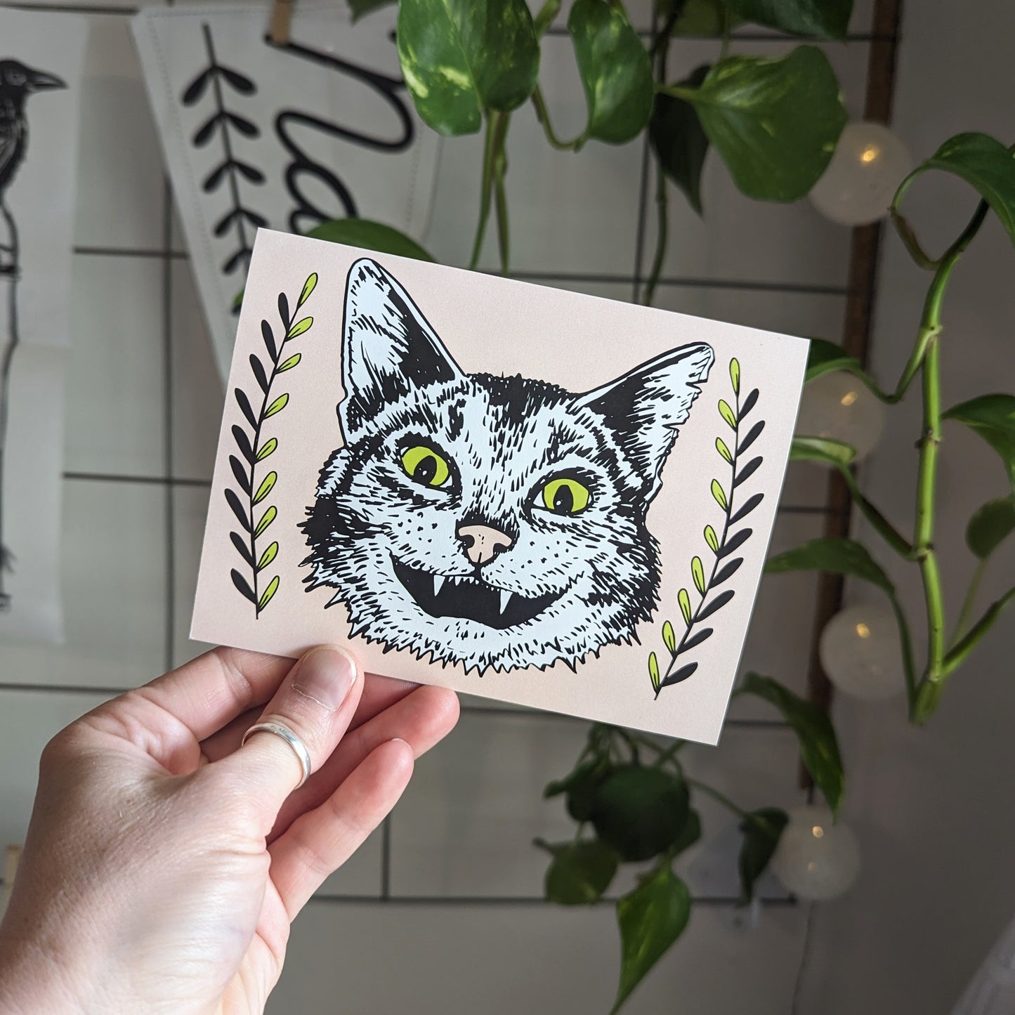 greeting card | cat with ferns - friendship Valentine