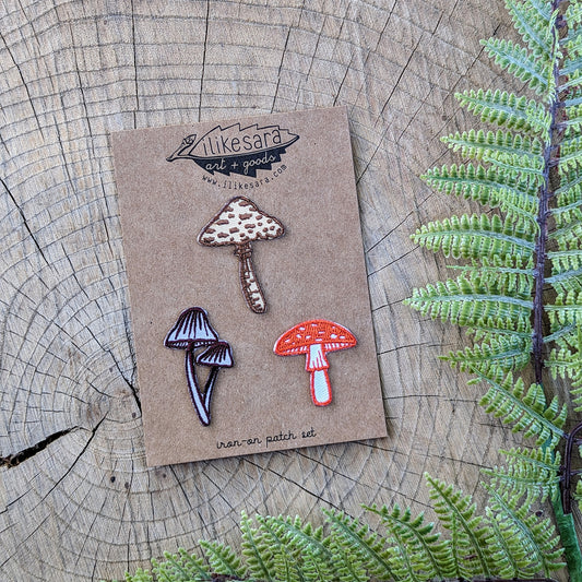 iron-on patch | mushroom 3-pack - brown, red, purple