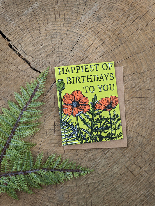 greeting card | happiest of birthdays poppies - flowers