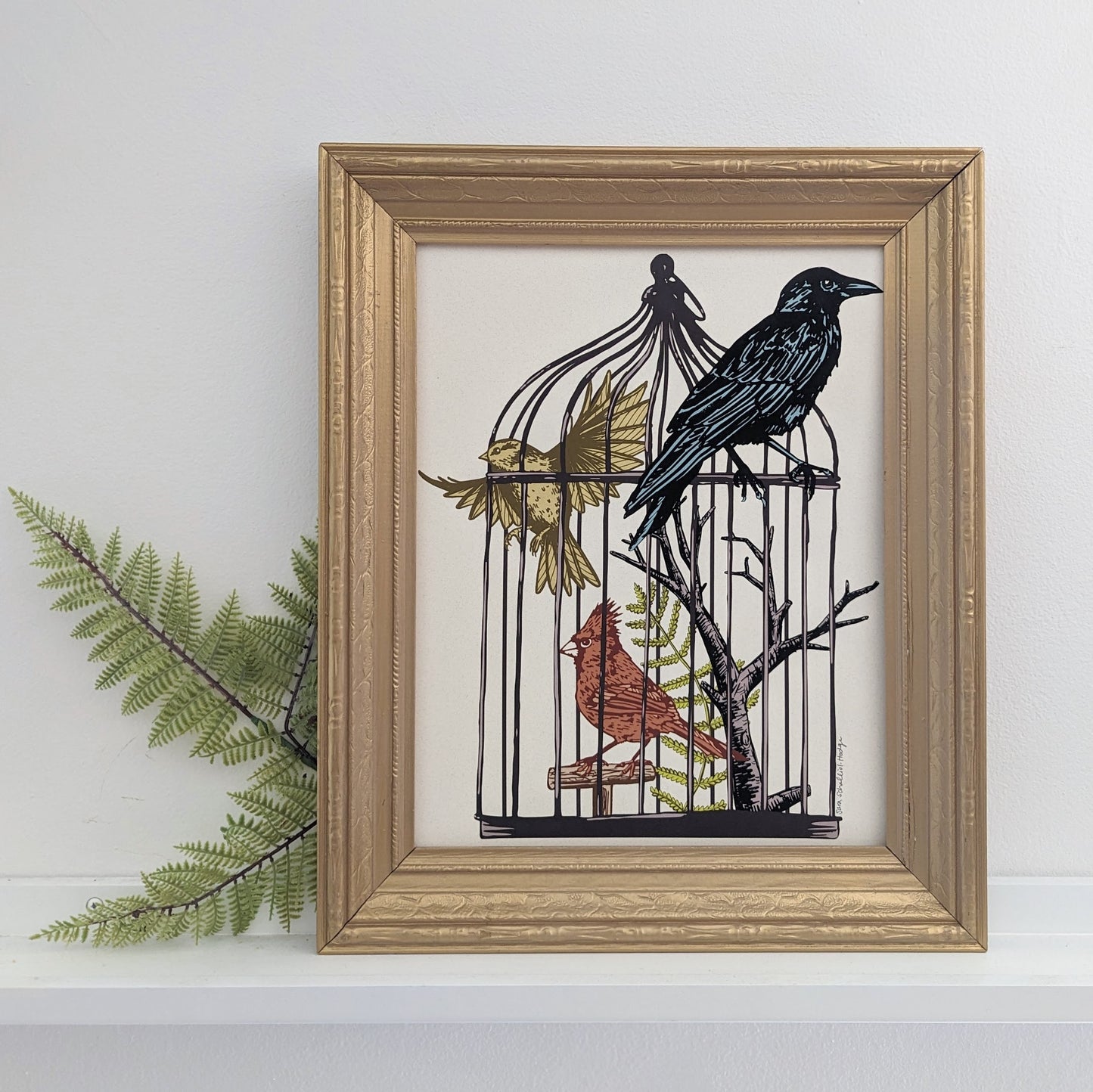 art print | caged birds 1 - finch, cardinal, & raven