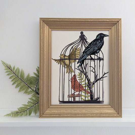 art print | caged birds 1 - finch, cardinal, & raven