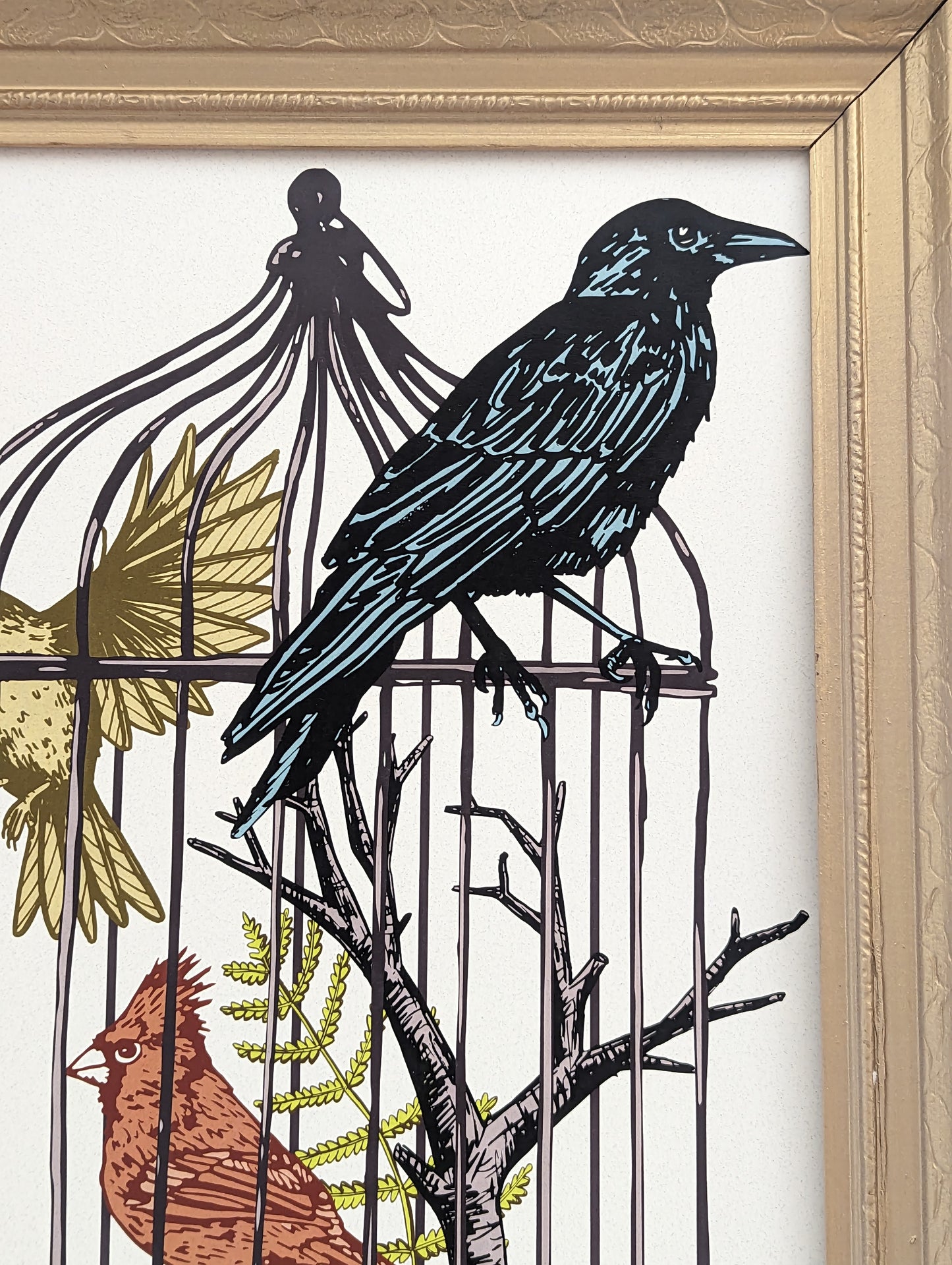 art print | caged birds 1 - finch, cardinal, & raven