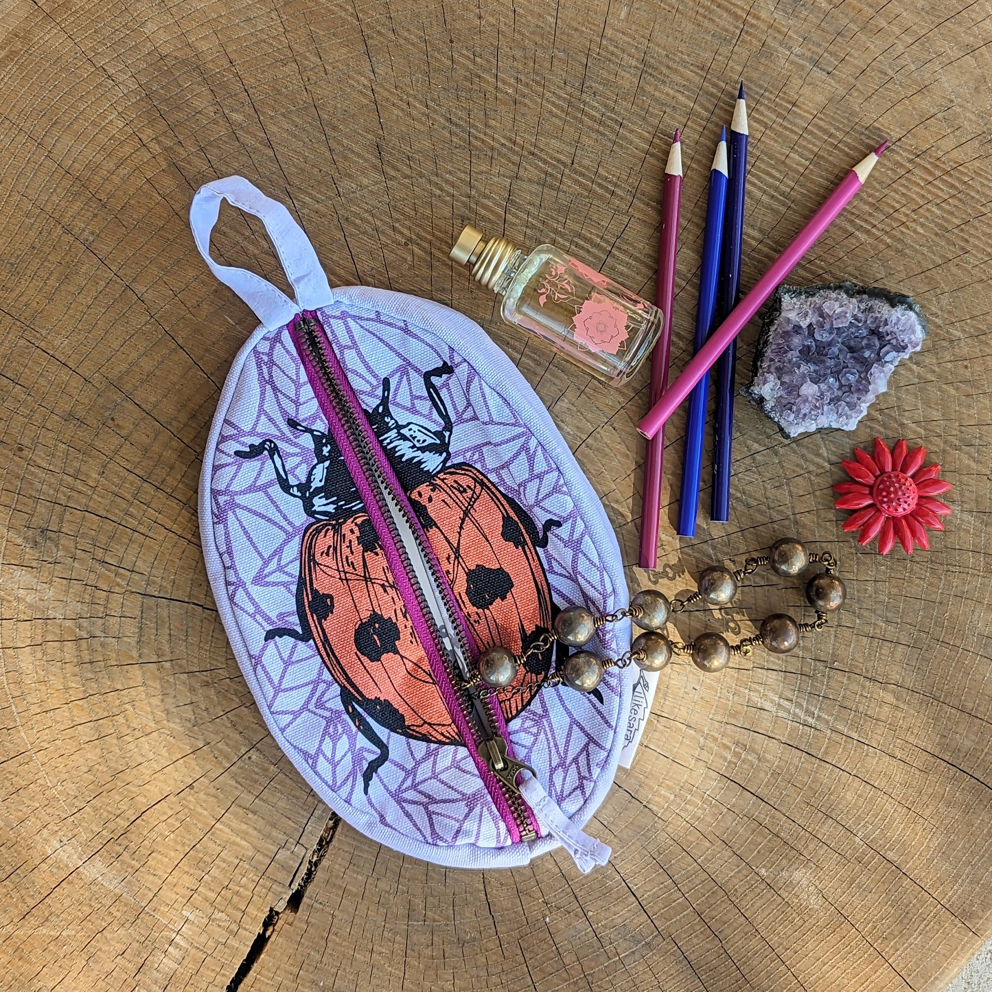 zippered pouch | ladybug - purple & red insect pencil, supply, makeup bag with waterproof lining