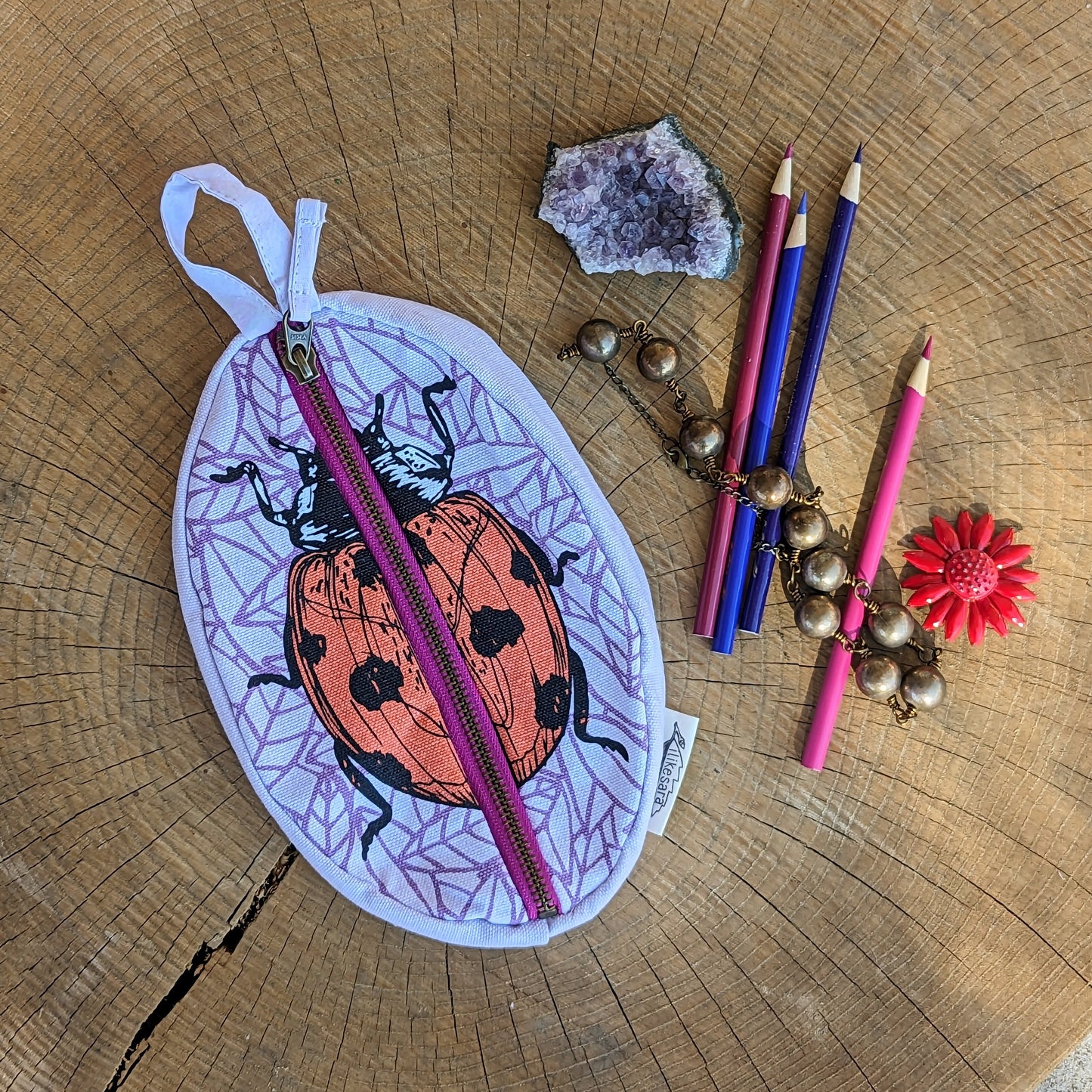 zippered pouch | ladybug - purple & red insect pencil, supply, makeup bag with waterproof lining