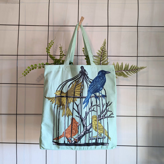 tote bag | caged birds - light blue canvas screenprinted tote