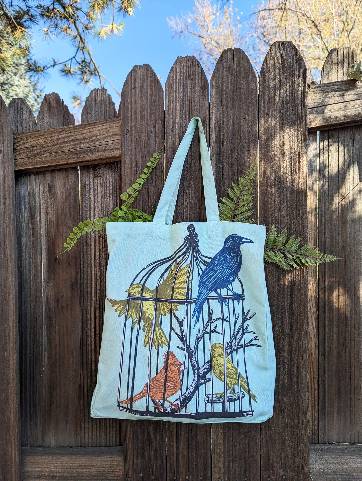 tote bag | caged birds - light blue canvas screenprinted tote