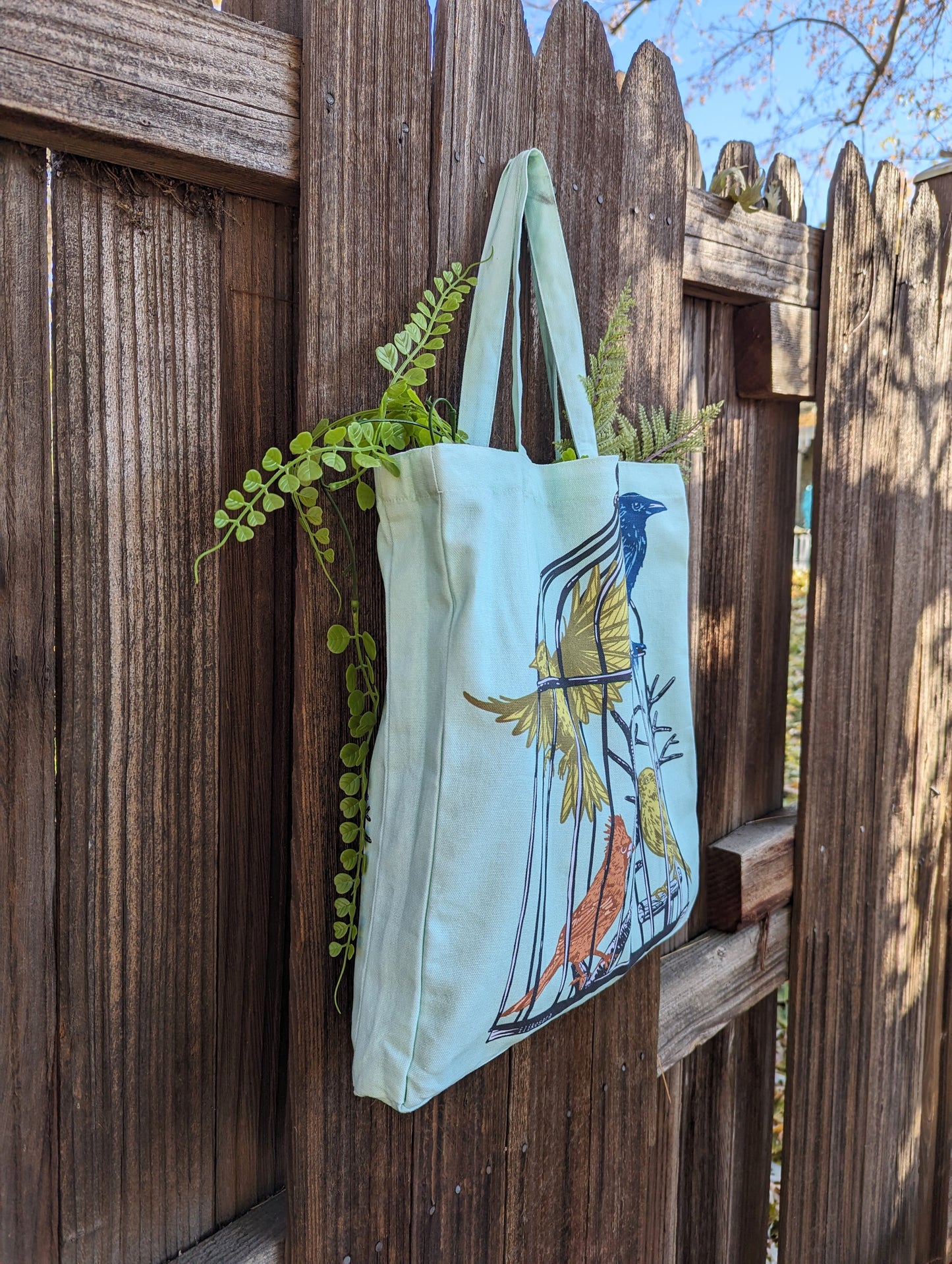 tote bag | caged birds - light blue canvas screenprinted tote