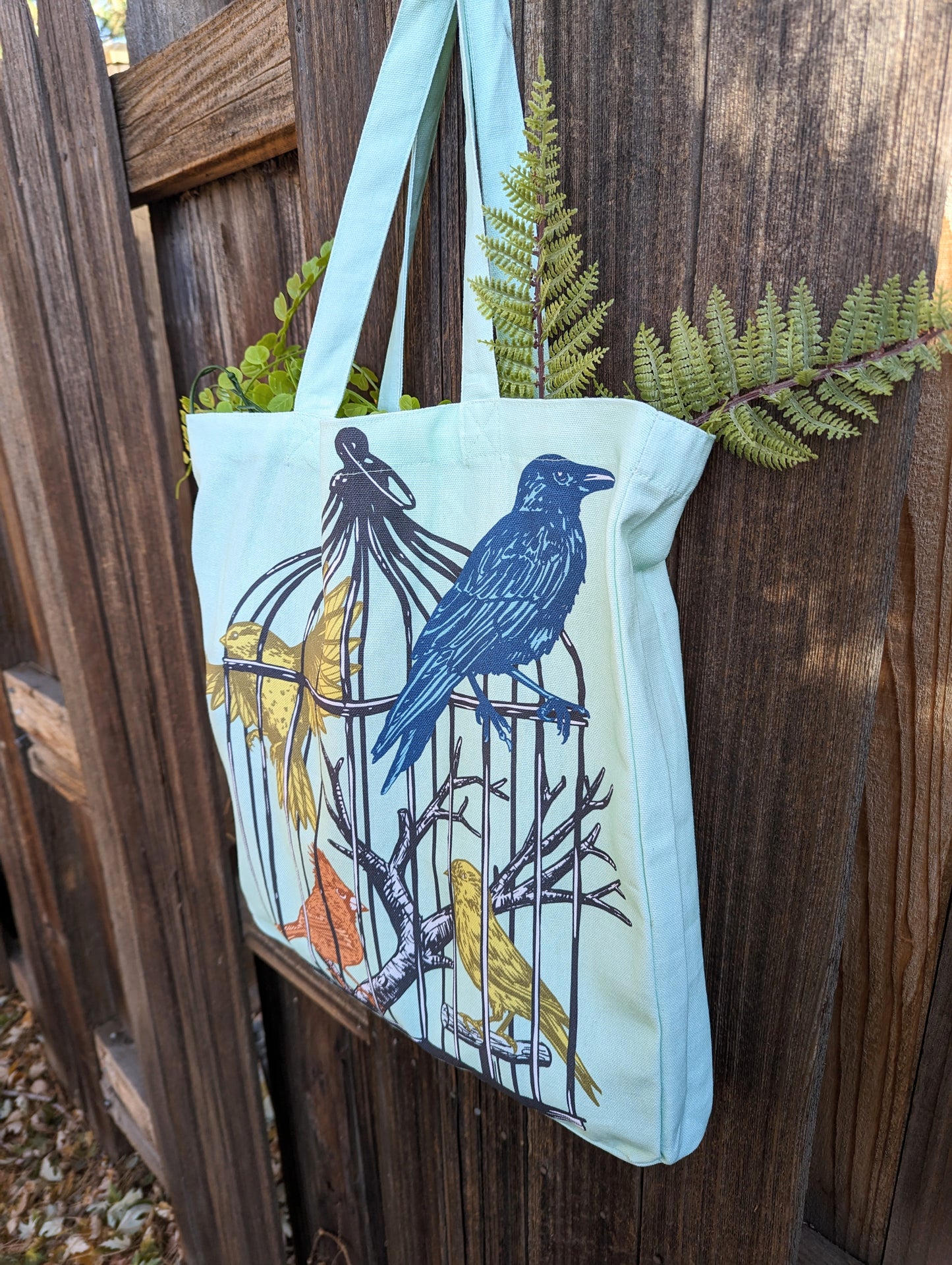 tote bag | caged birds - light blue canvas screenprinted tote