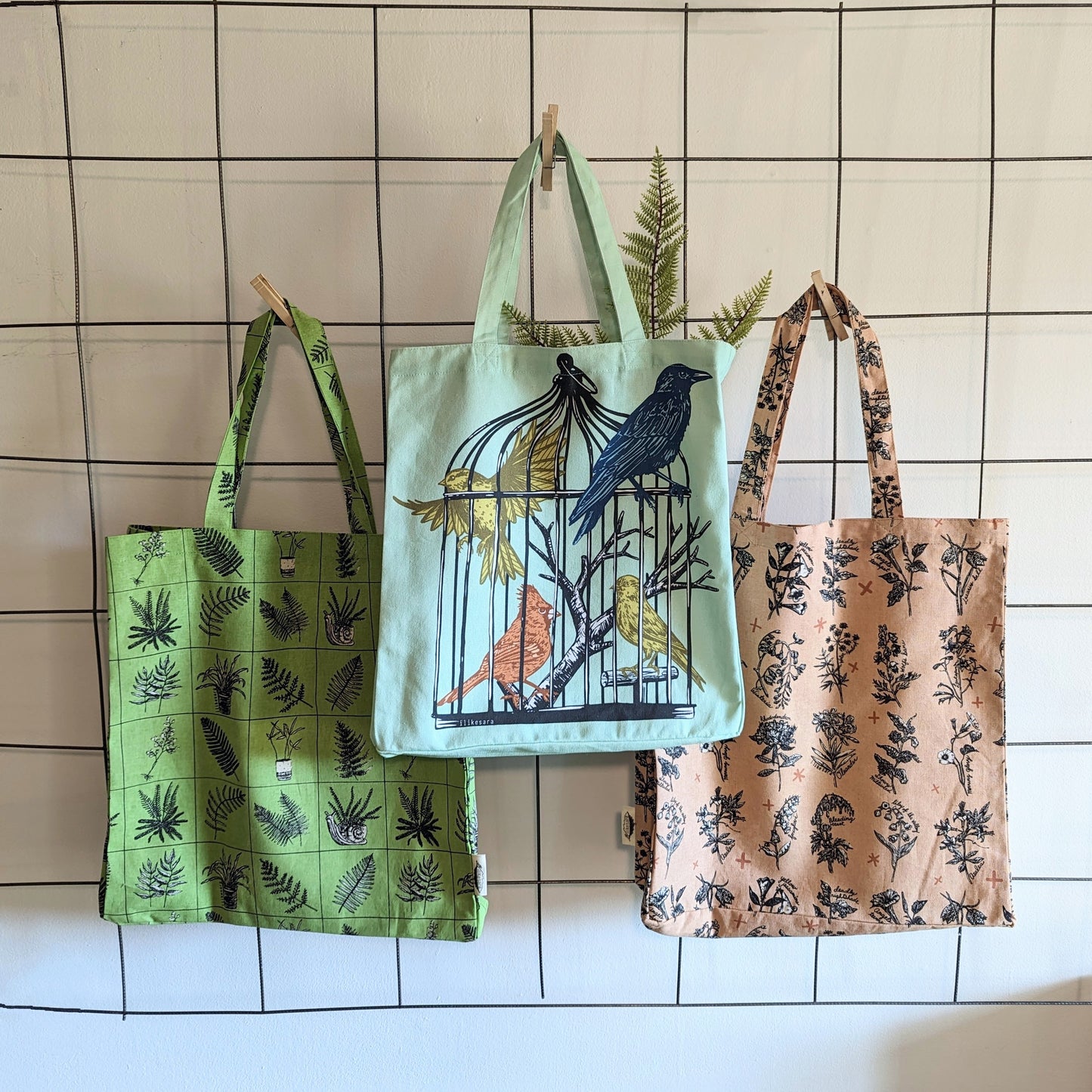 tote bag | caged birds - light blue canvas screenprinted tote