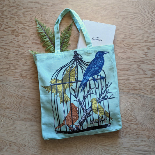 tote bag | caged birds - light blue canvas screenprinted tote