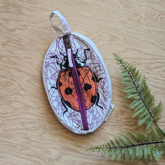 zippered pouch | ladybug - purple & red insect pencil, supply, makeup bag with waterproof lining