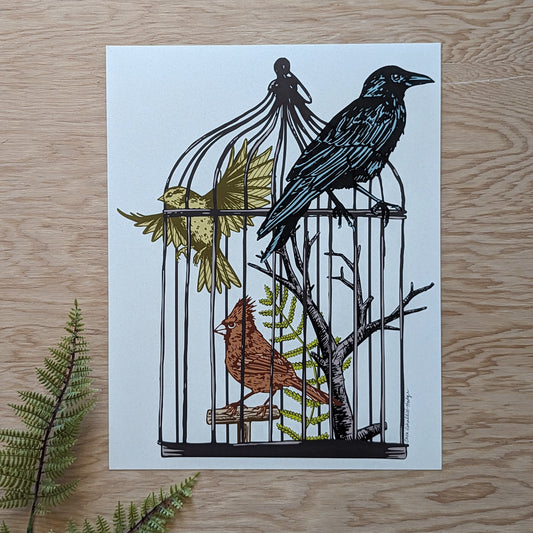 art print | caged birds 1 - finch, cardinal, & raven