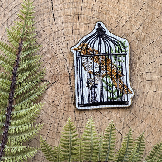 iron-on patch | caged robin bird - 2.6" x 3.7"
