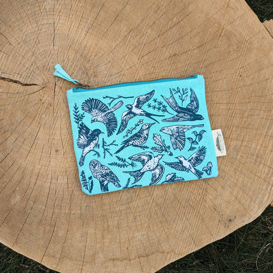 zippered pouch | birds - blue pencil, supply, makeup bag with waterproof lining