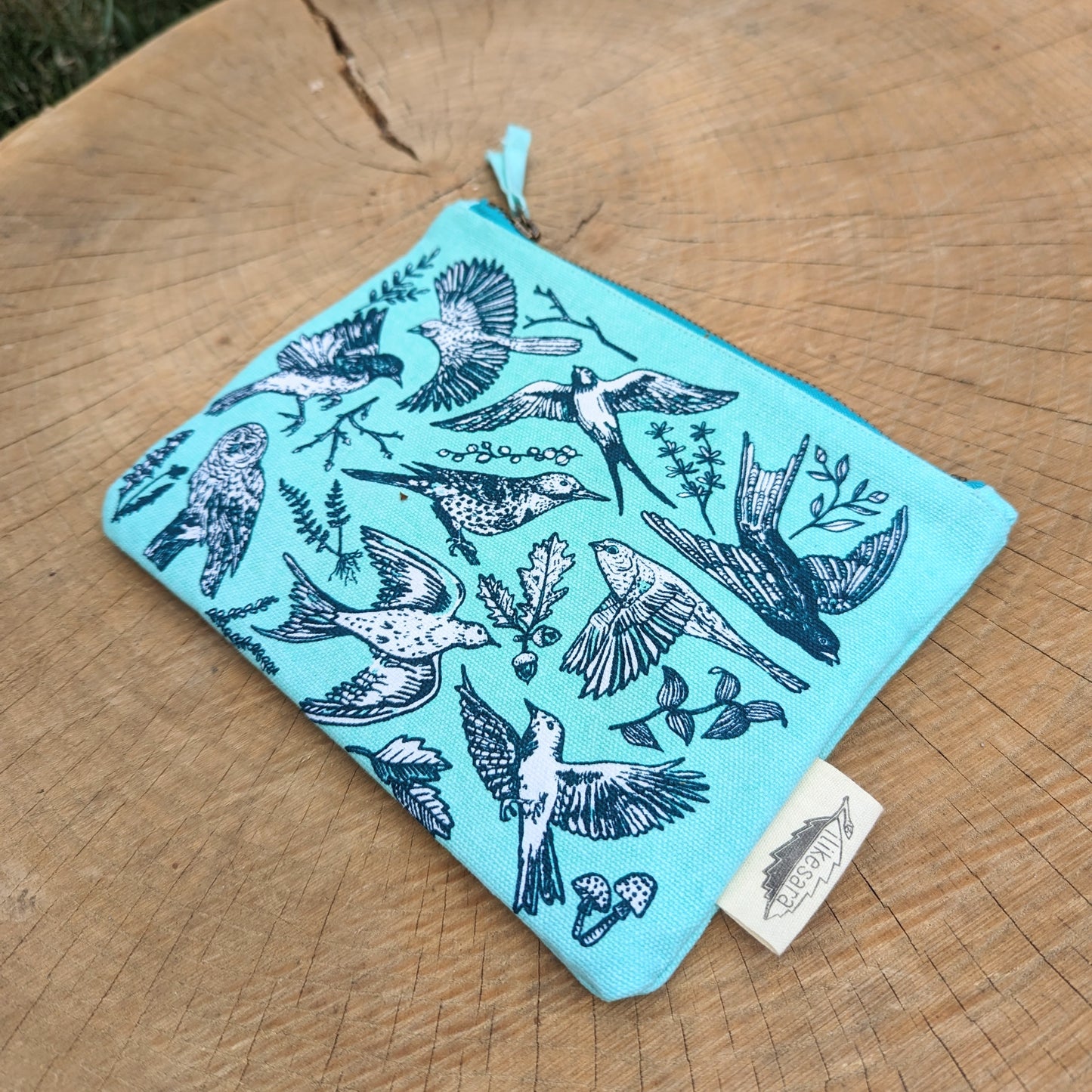 zippered pouch | birds - blue pencil, supply, makeup bag with waterproof lining