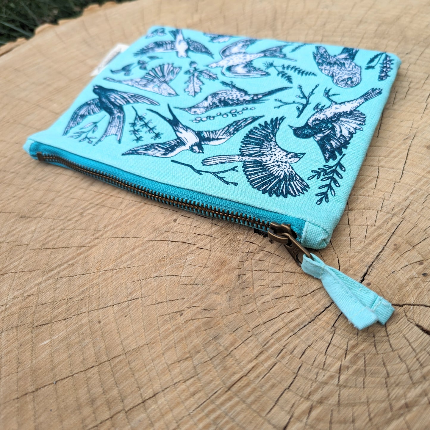 zippered pouch | birds - blue pencil, supply, makeup bag with waterproof lining