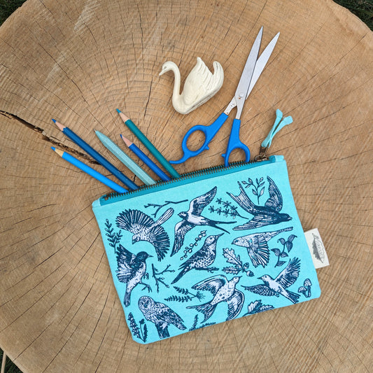 zippered pouch | birds - blue pencil, supply, makeup bag with waterproof lining