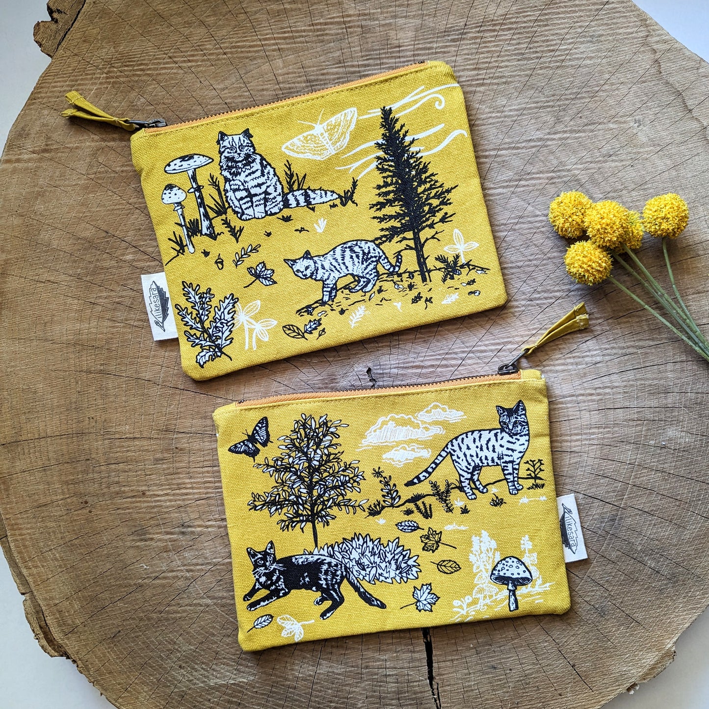 zippered pouch | outside cats - yellow nature kitty pencil, supply, makeup bag with waterproof lining