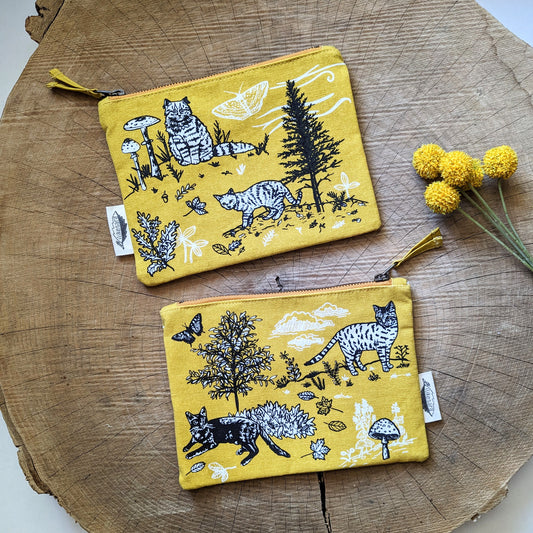 zippered pouch | outside cats - yellow nature kitty pencil, supply, makeup bag with waterproof lining