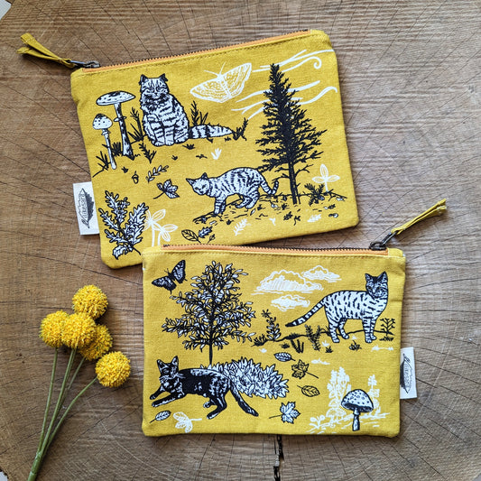 zippered pouch | outside cats - yellow nature kitty pencil, supply, makeup bag with waterproof lining