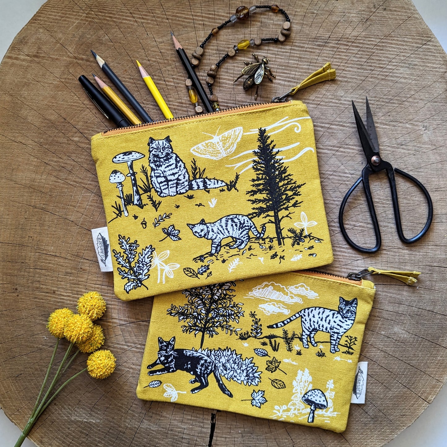 zippered pouch | outside cats - yellow nature kitty pencil, supply, makeup bag with waterproof lining