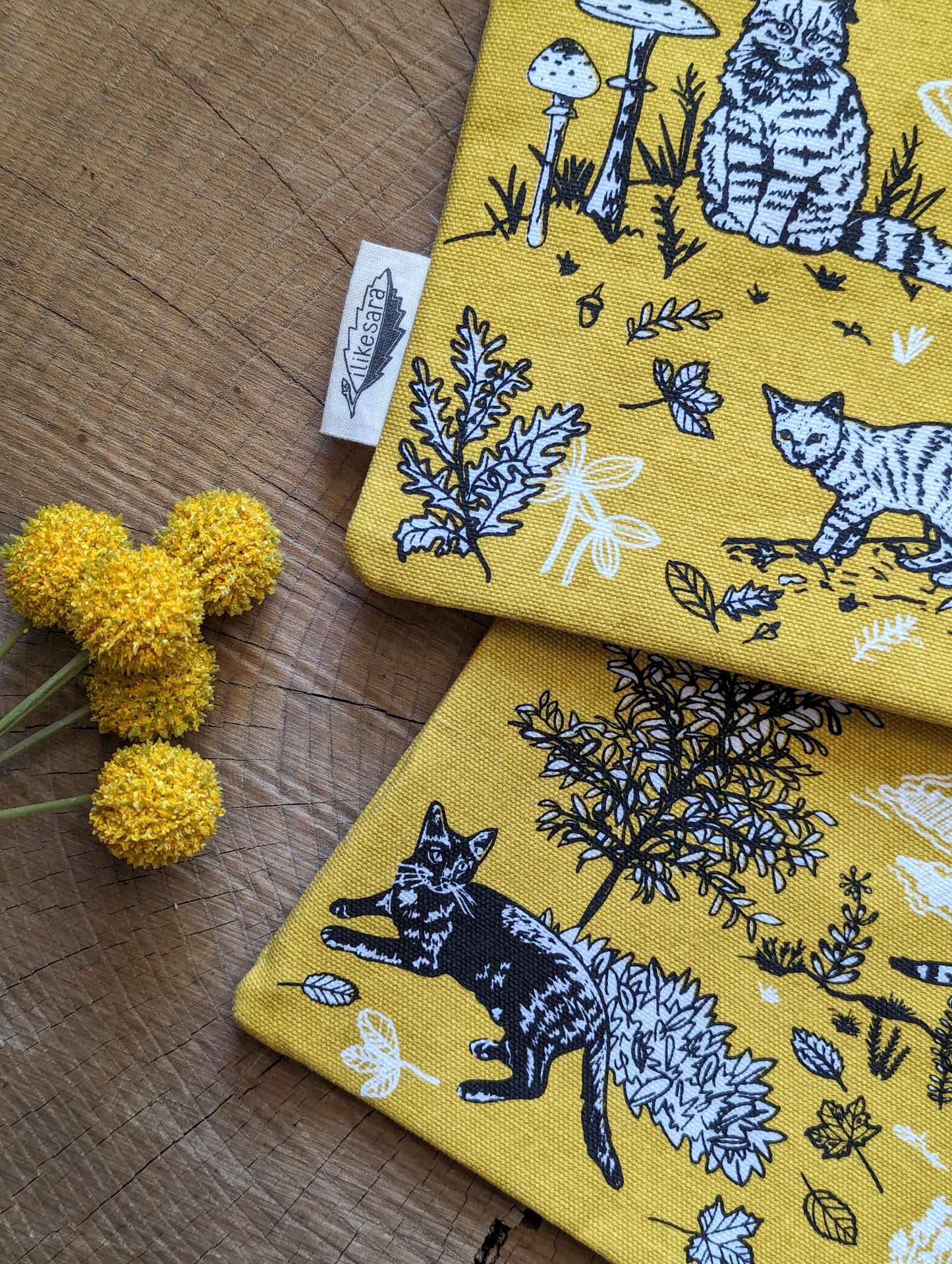 zippered pouch | outside cats - yellow nature kitty pencil, supply, makeup bag with waterproof lining