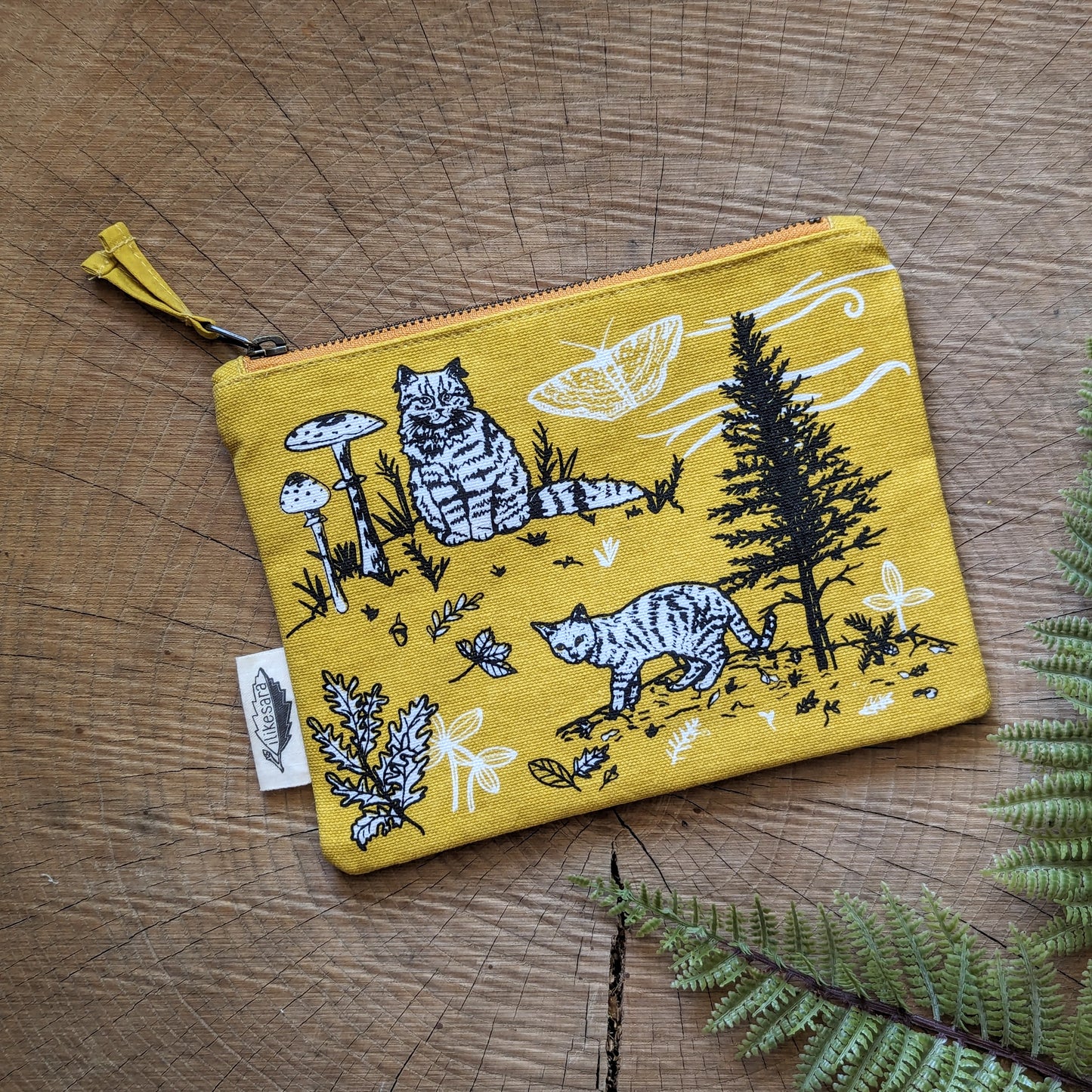 zippered pouch | outside cats - yellow nature kitty pencil, supply, makeup bag with waterproof lining