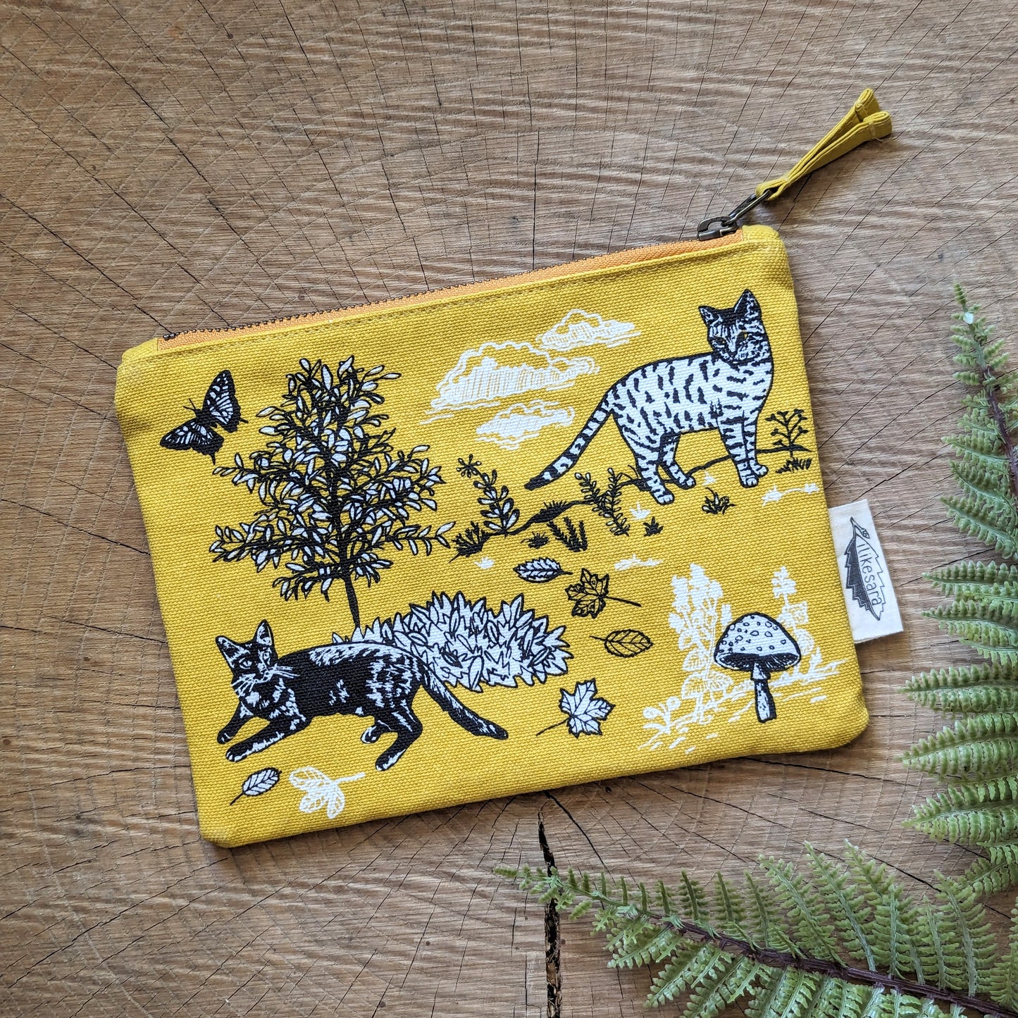 zippered pouch | outside cats - yellow nature kitty pencil, supply, makeup bag with waterproof lining