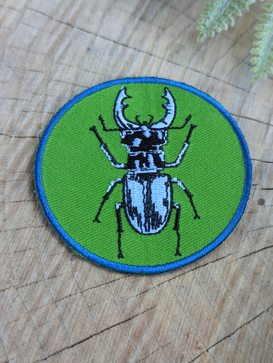 iron-on patch | stag beetle - green 2.5" round