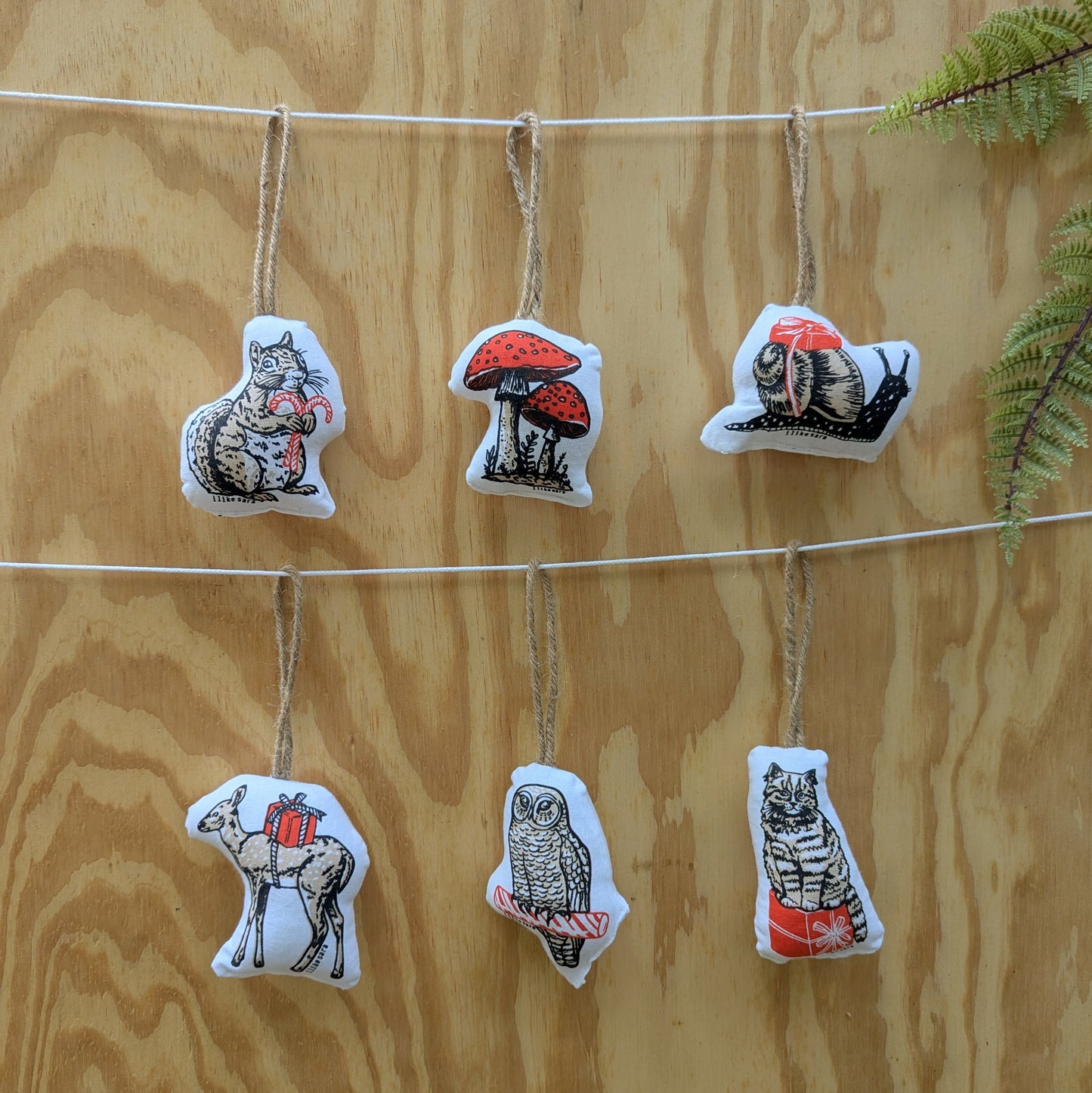 stuffed plush ornament | deer with gift - hand-screenprinted woodland forest holiday Christmas decor
