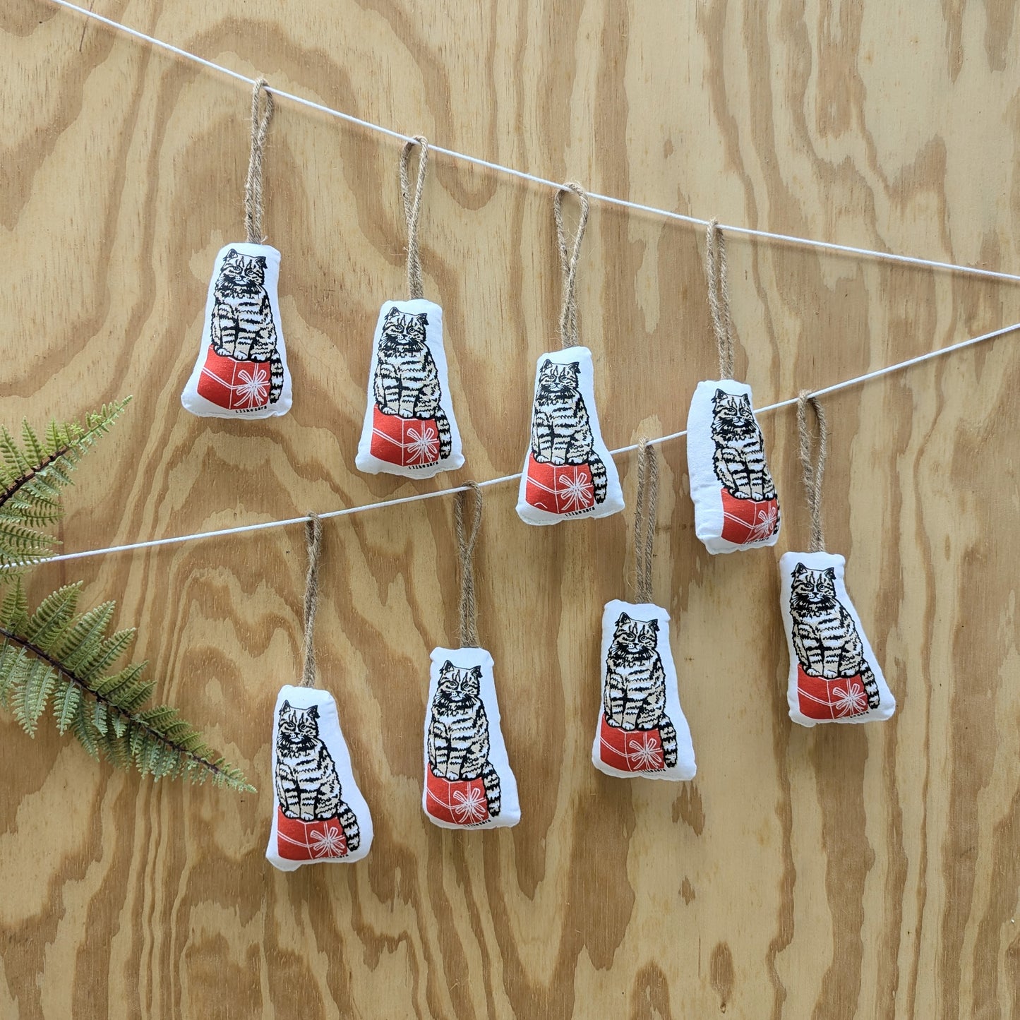 stuffed plush ornament | cat with gift - hand-screenprinted animal holiday Christmas decor