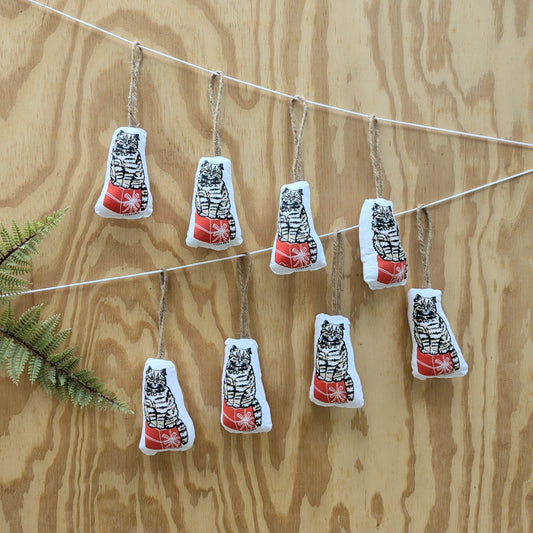 stuffed plush ornament | cat with gift - hand-screenprinted animal holiday Christmas decor