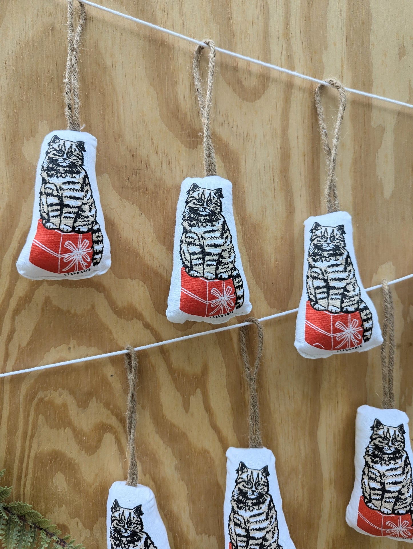 stuffed plush ornament | cat with gift - hand-screenprinted animal holiday Christmas decor