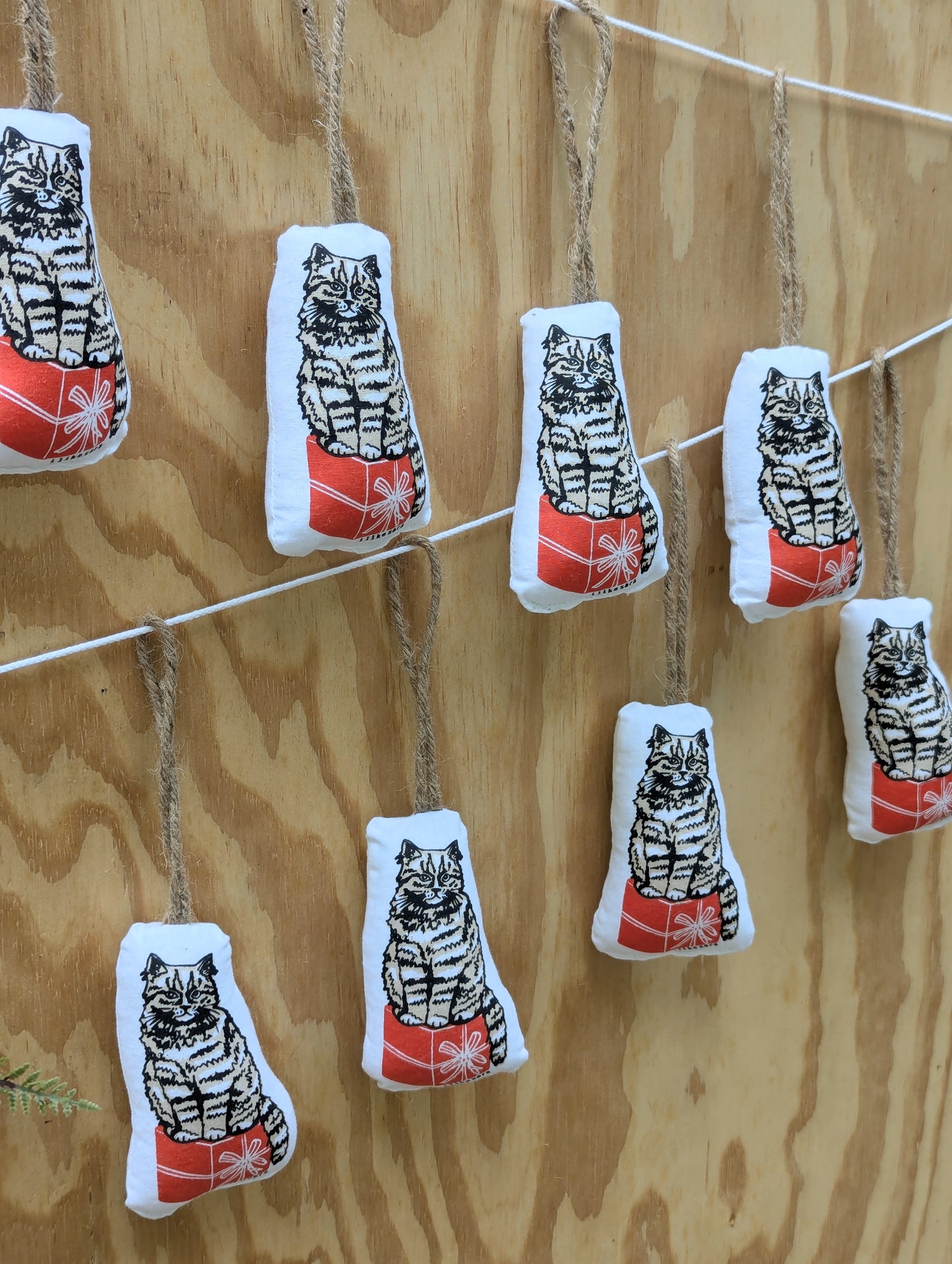 stuffed plush ornament | cat with gift - hand-screenprinted animal holiday Christmas decor