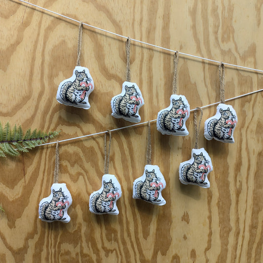 stuffed plush ornament | squirrel with candy canes - hand-screenprinted forest woodland holiday Christmas decor
