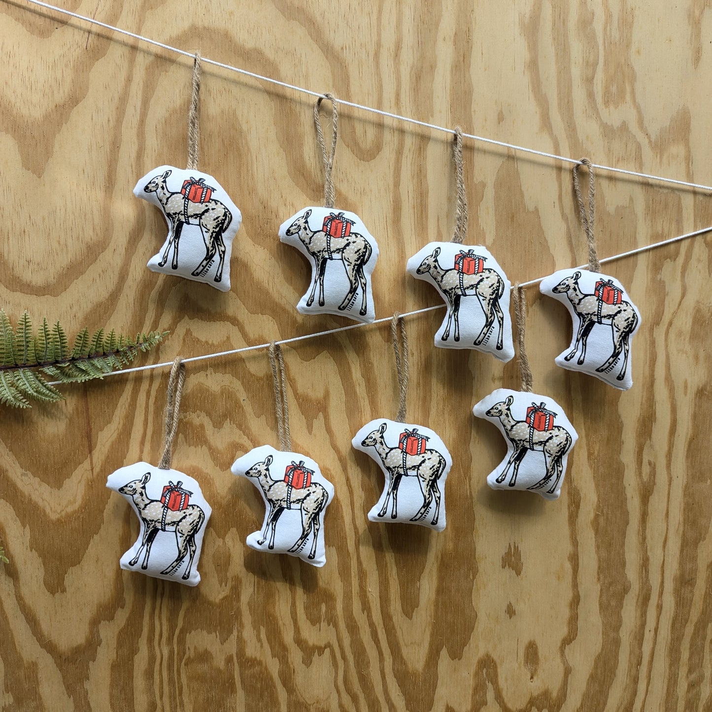stuffed plush ornament | deer with gift - hand-screenprinted woodland forest holiday Christmas decor