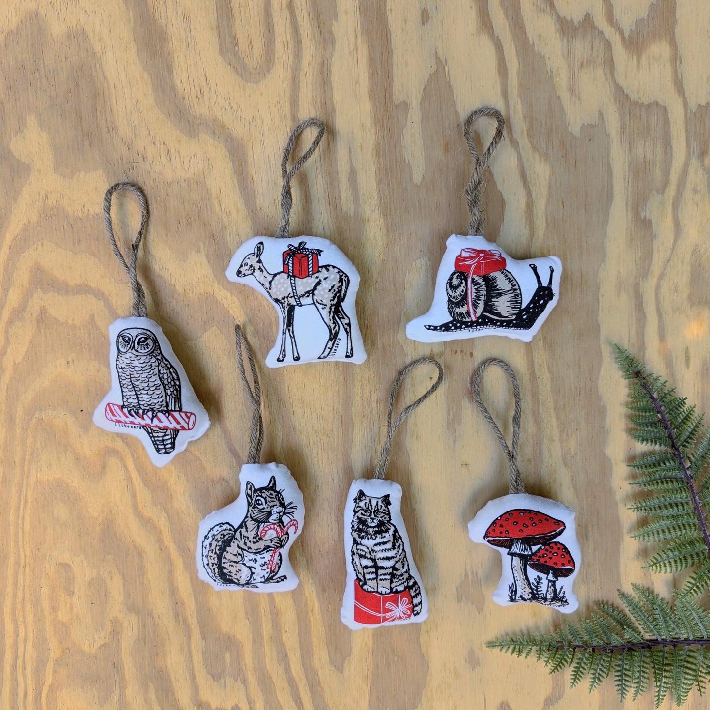 stuffed plush ornament | deer with gift - hand-screenprinted woodland forest holiday Christmas decor