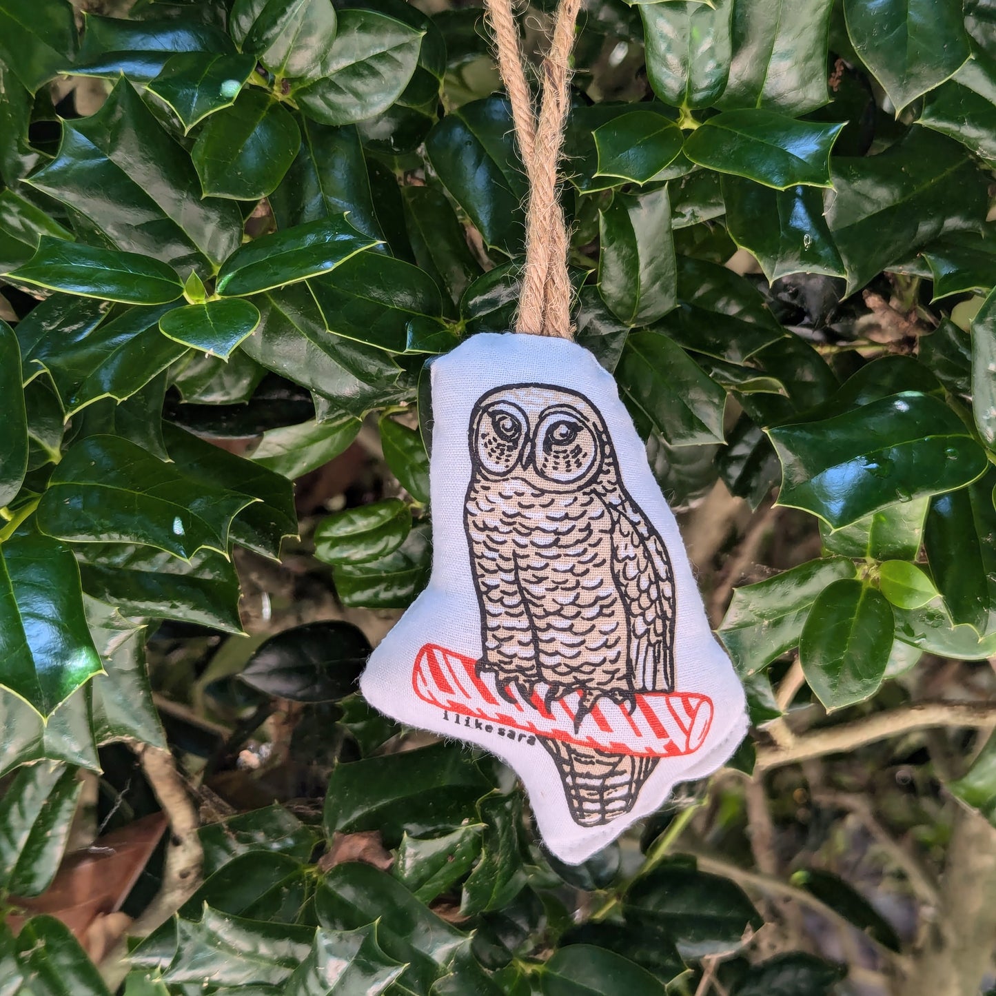 stuffed plush ornament | owl with peppermint stick - hand-screenprinted forest animal holiday Christmas decor