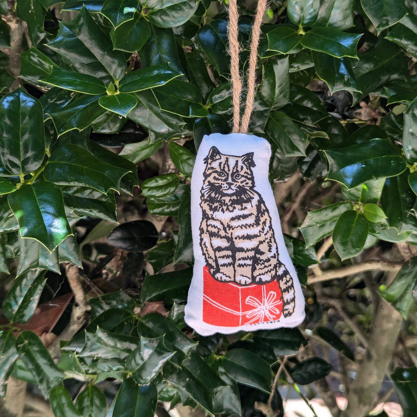 stuffed plush ornament | cat with gift - hand-screenprinted animal holiday Christmas decor