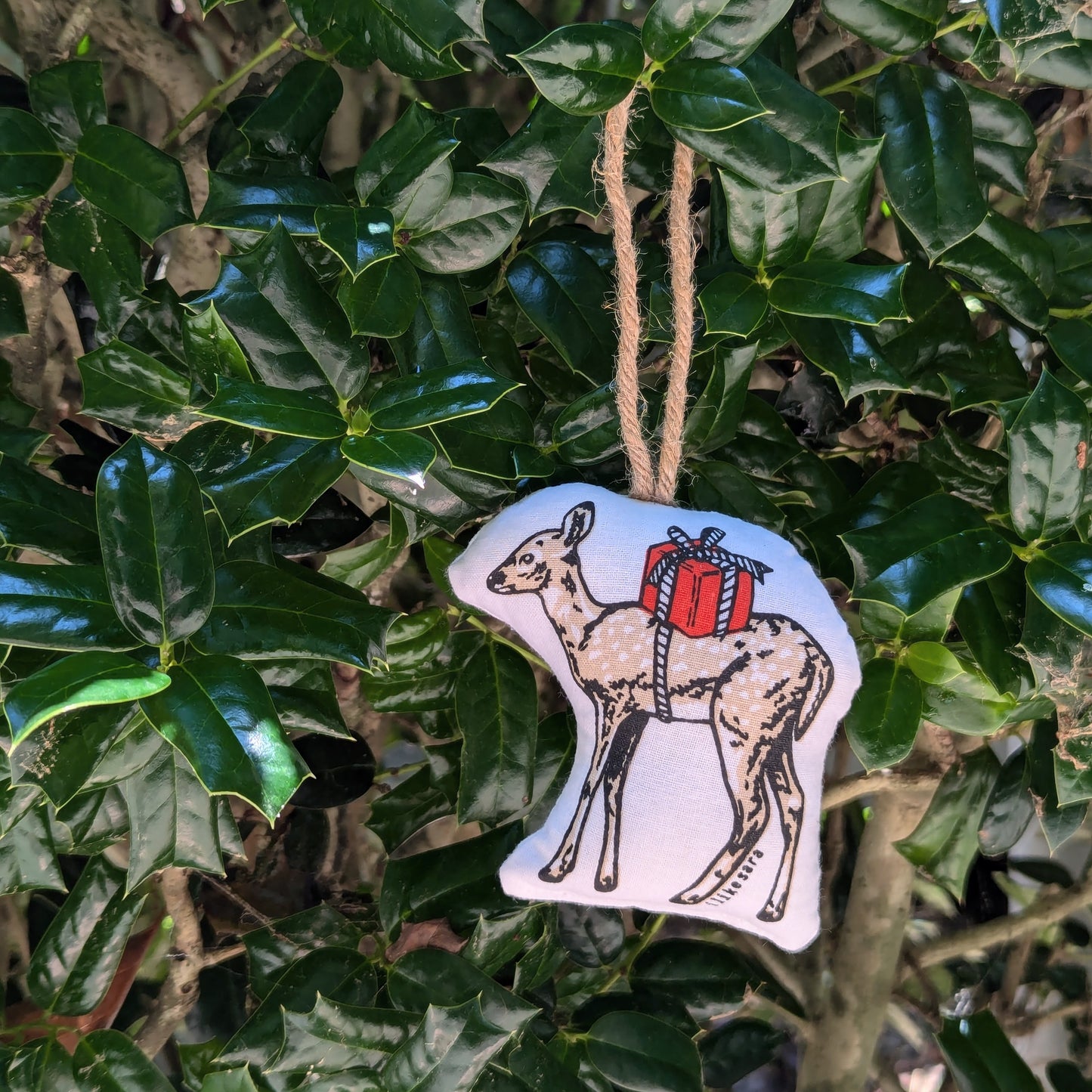 stuffed plush ornament | deer with gift - hand-screenprinted woodland forest holiday Christmas decor