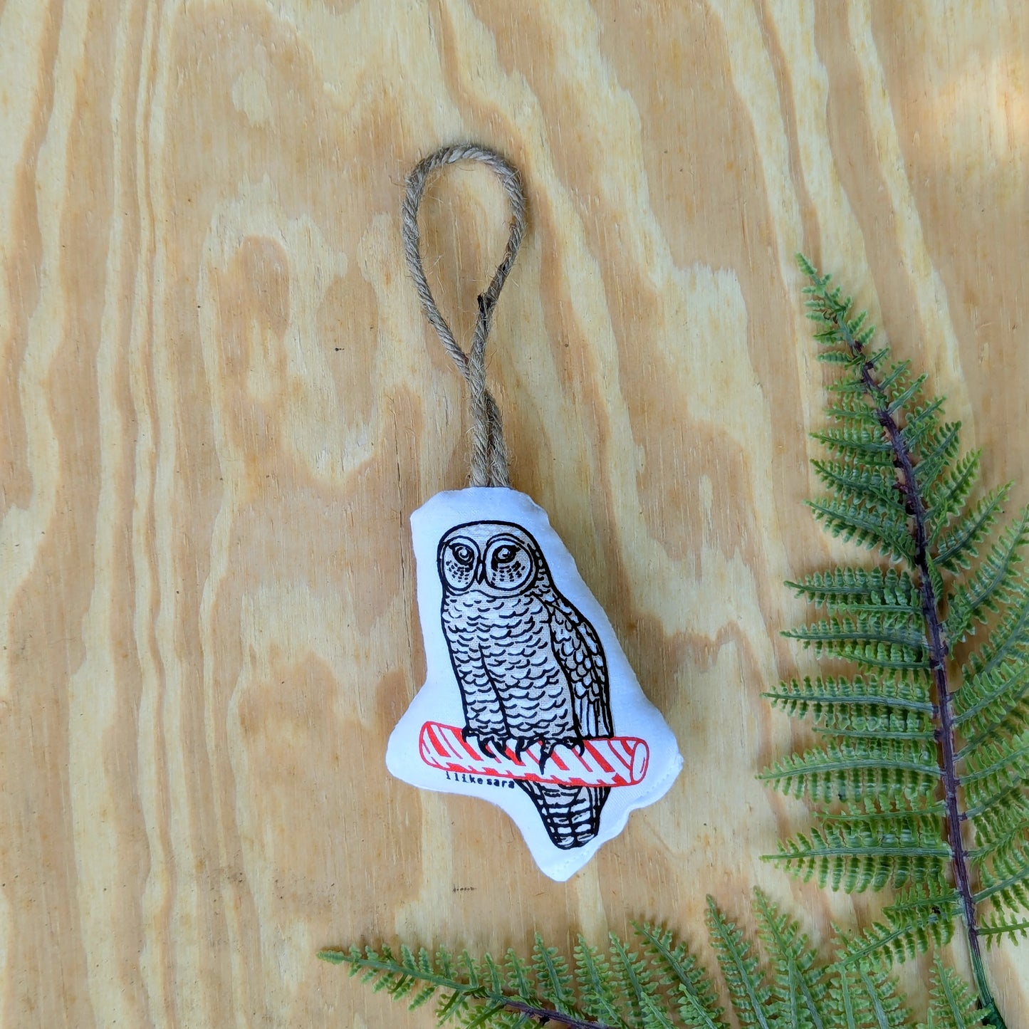 stuffed plush ornament | owl with peppermint stick - hand-screenprinted forest animal holiday Christmas decor