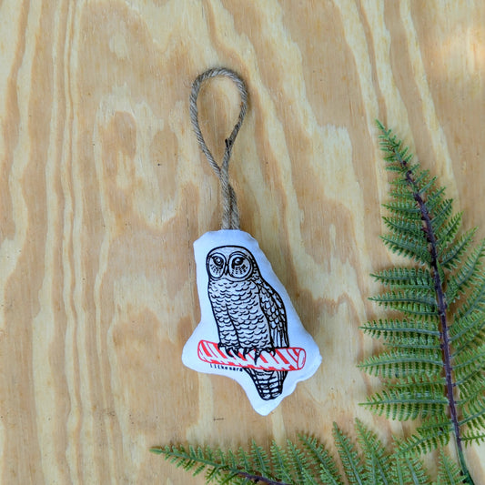 stuffed plush ornament | owl with peppermint stick - hand-screenprinted forest animal holiday Christmas decor
