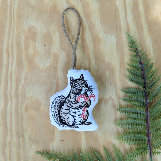 stuffed plush ornament | squirrel with candy canes - hand-screenprinted forest woodland holiday Christmas decor