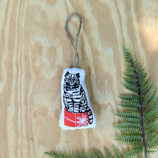 stuffed plush ornament | cat with gift - hand-screenprinted animal holiday Christmas decor