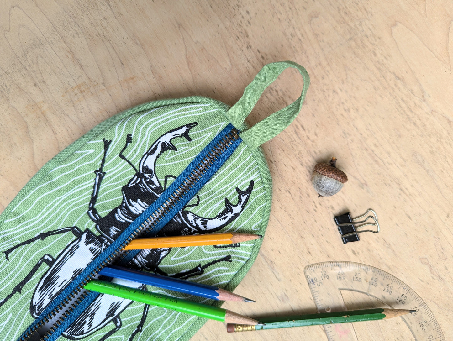 zippered pouch | stag beetle - green insect/bug pencil, supply, makeup bag with waterproof lining