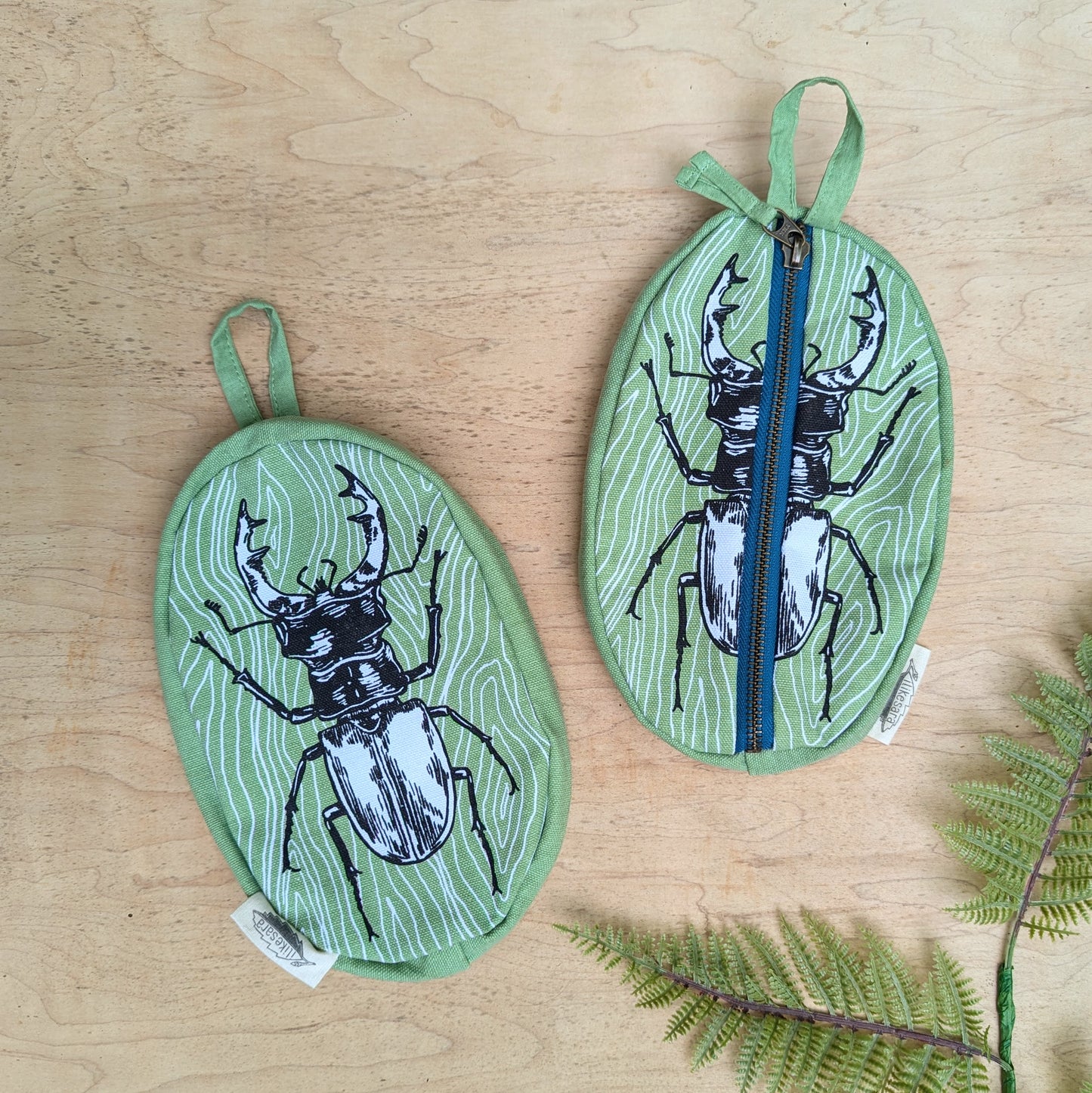 zippered pouch | stag beetle - green insect/bug pencil, supply, makeup bag with waterproof lining