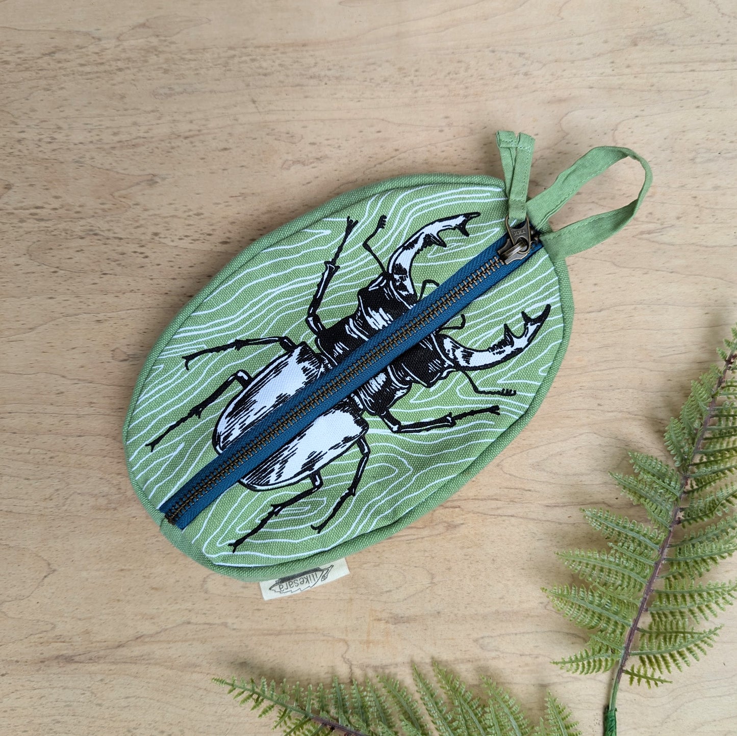 zippered pouch | stag beetle - green insect/bug pencil, supply, makeup bag with waterproof lining