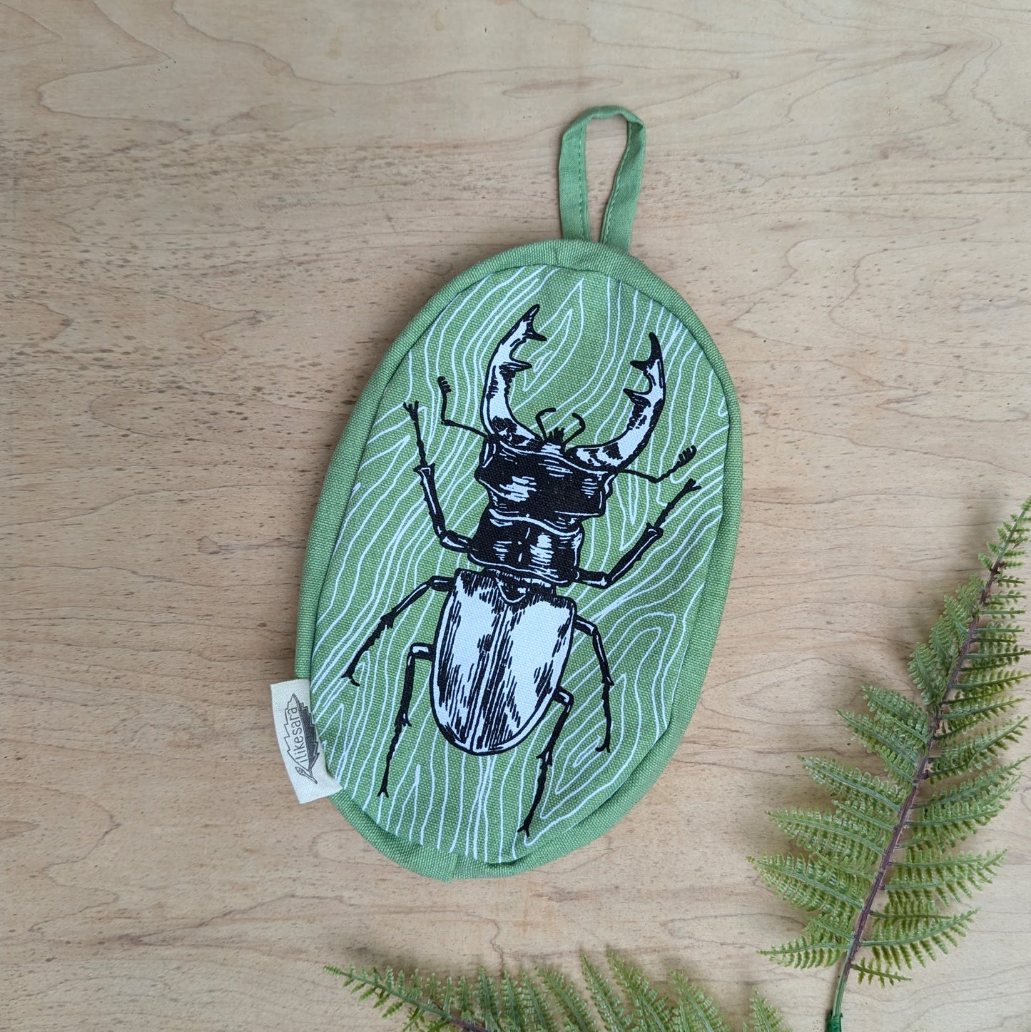 zippered pouch | stag beetle - green insect/bug pencil, supply, makeup bag with waterproof lining