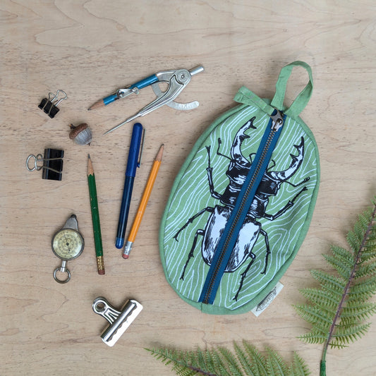 zippered pouch | stag beetle - green insect/bug pencil, supply, makeup bag with waterproof lining